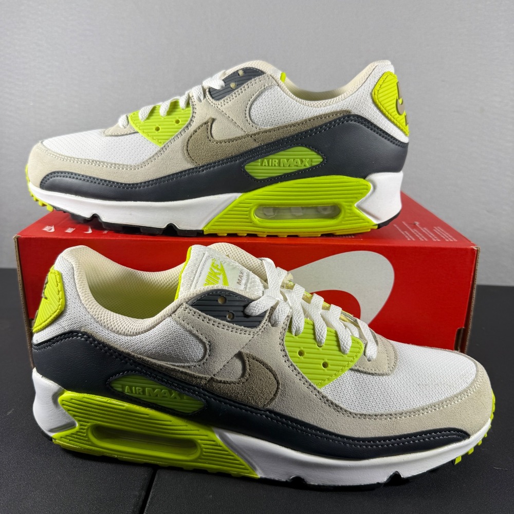 Nike Air Max 90 White Khaki Cyber Neon Yellow DM0029-107 Mens 11.5 Running Shoes